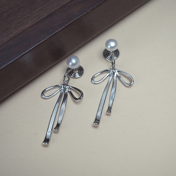 Ribbon Bowknot Pearl Ear Clip Earrings