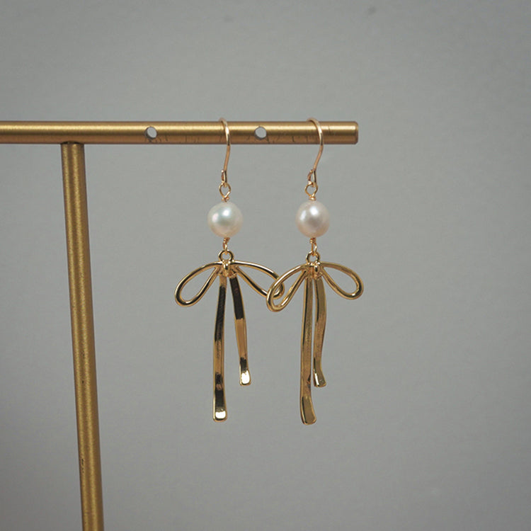Ribbon Bowknot Pearl Ear Clip Earrings
