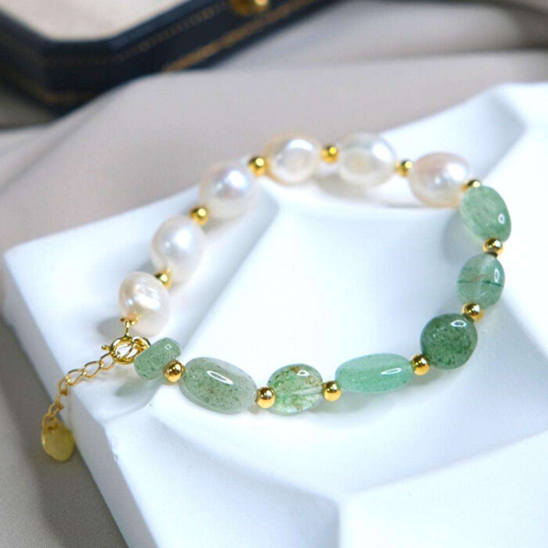 Green Strawberry Crystal & Baroque Pearl Bracelet Amber NG