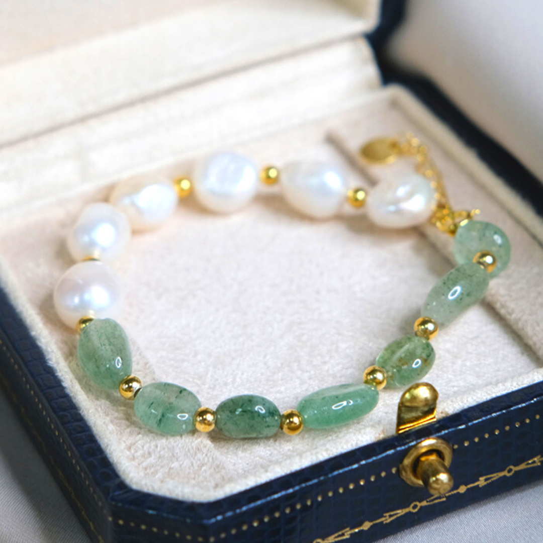 Green Strawberry Crystal & Baroque Pearl Bracelet Amber NG