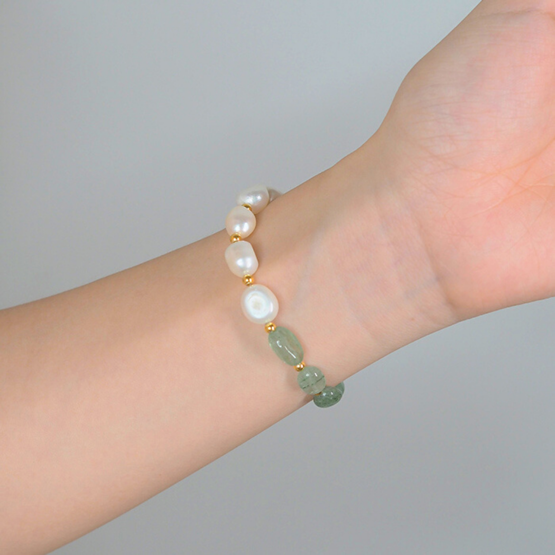 Green Strawberry Crystal & Baroque Pearl Bracelet Amber NG