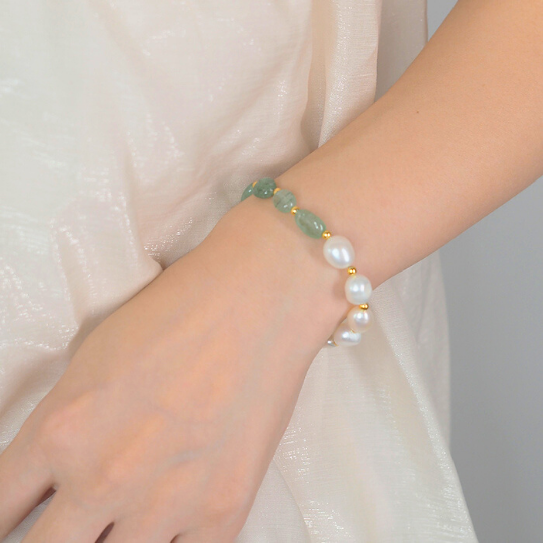 Green Strawberry Crystal & Baroque Pearl Bracelet Amber NG