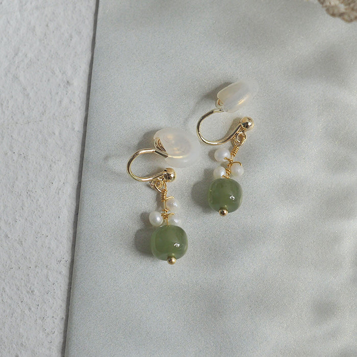 14K GF HETIAN JADE & PEARL EAR CLIP Amber NG