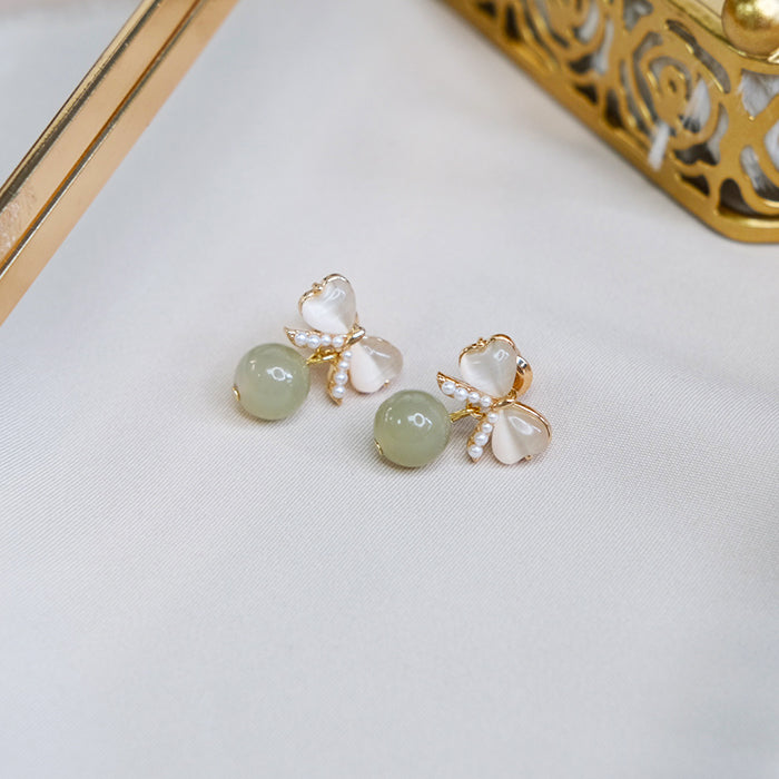 Hetian Jade & Opal Bow Earrings Amber NG