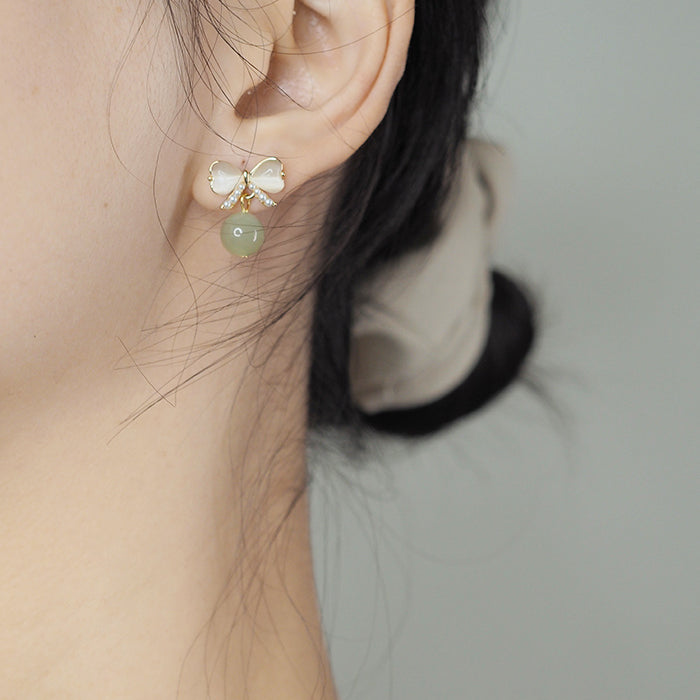 Hetian Jade & Opal Bow Earrings Amber NG