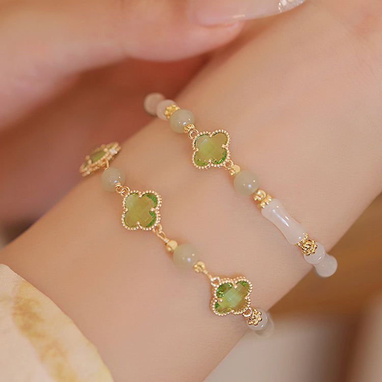 NG Whispering Clover & Jade Bracelet | Natural Hetian Jade Lucky Charm