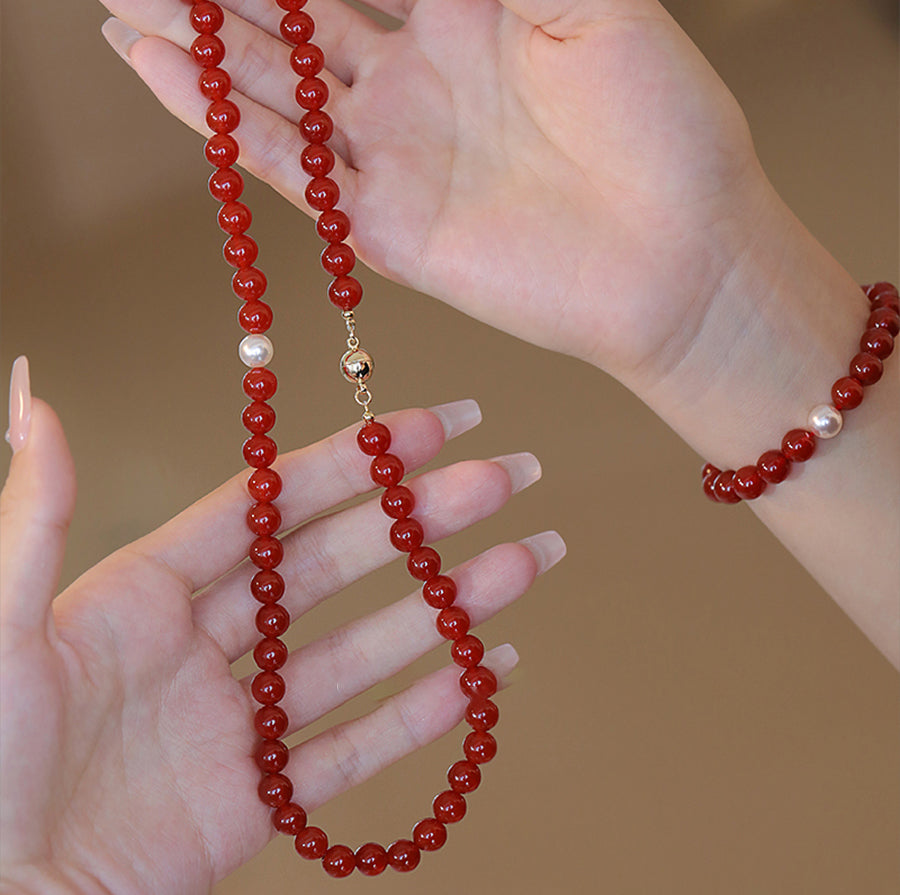 Crimson Whisper-Oriental Red Agate and Pearl Accessories