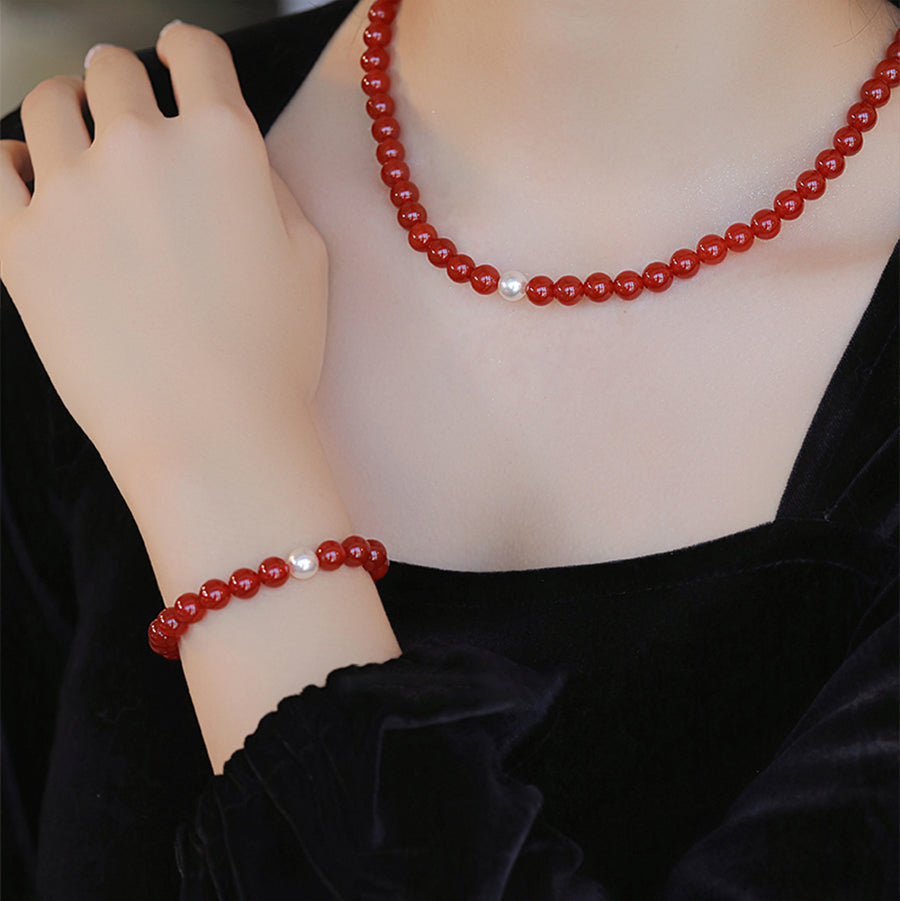 Crimson Whisper-Oriental Red Agate and Pearl Accessories