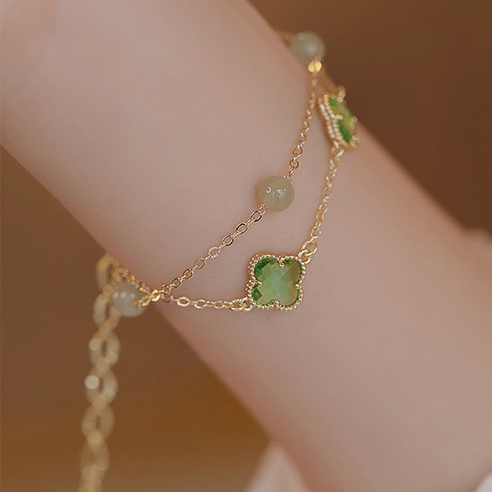 Fortune's Touch - Dual-Layer Jade Lucky Clover Bracelet