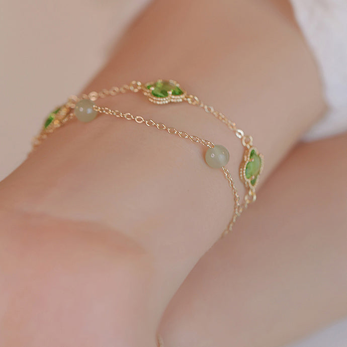 Fortune's Touch - Dual-Layer Jade Lucky Clover Bracelet