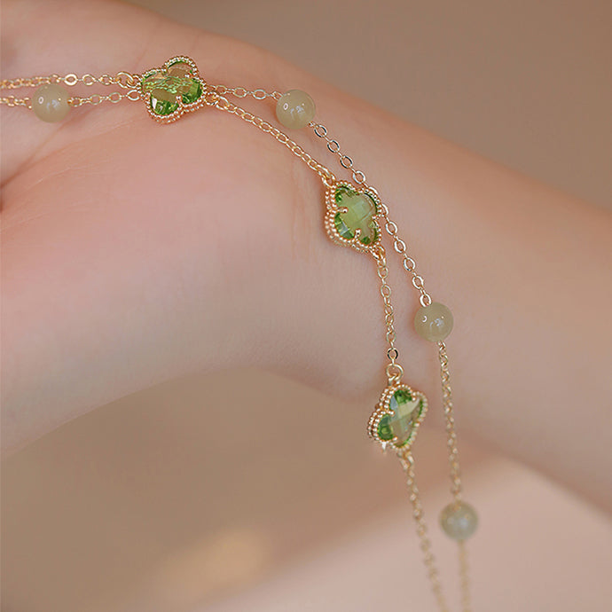 Fortune's Touch - Dual-Layer Jade Lucky Clover Bracelet