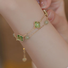 Fortune's Touch - Dual-Layer Jade Lucky Clover Bracelet