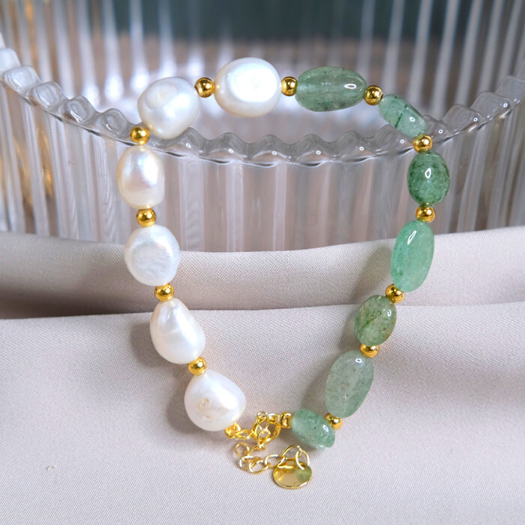 Green Strawberry Crystal & Baroque Pearl Bracelet Amber NG