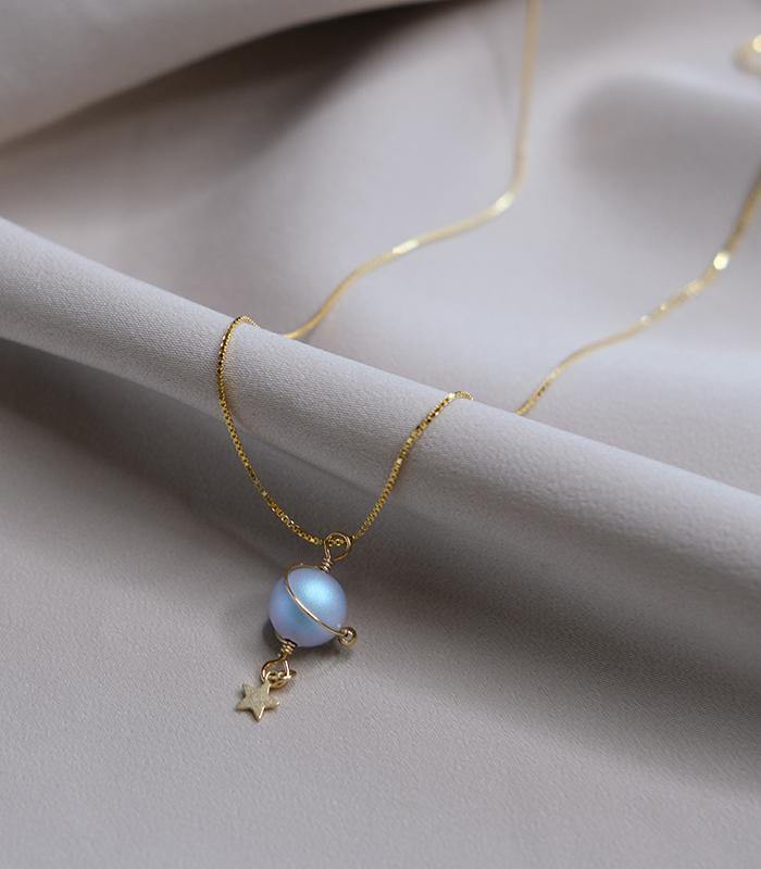 Misty Blue Pearl Planet Necklace Amber NG