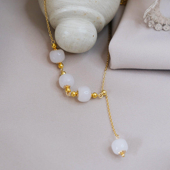 White Jade Gold Bead Necklace Amber NG